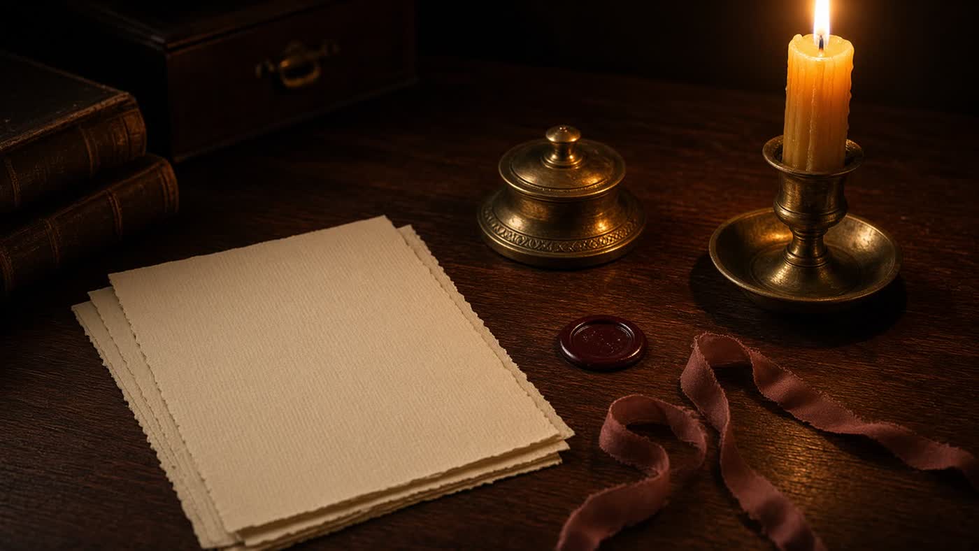 Two facing sheets of dark ink on parchment, a folded garment, a window’s cold geometry. No faces offered as evidence.