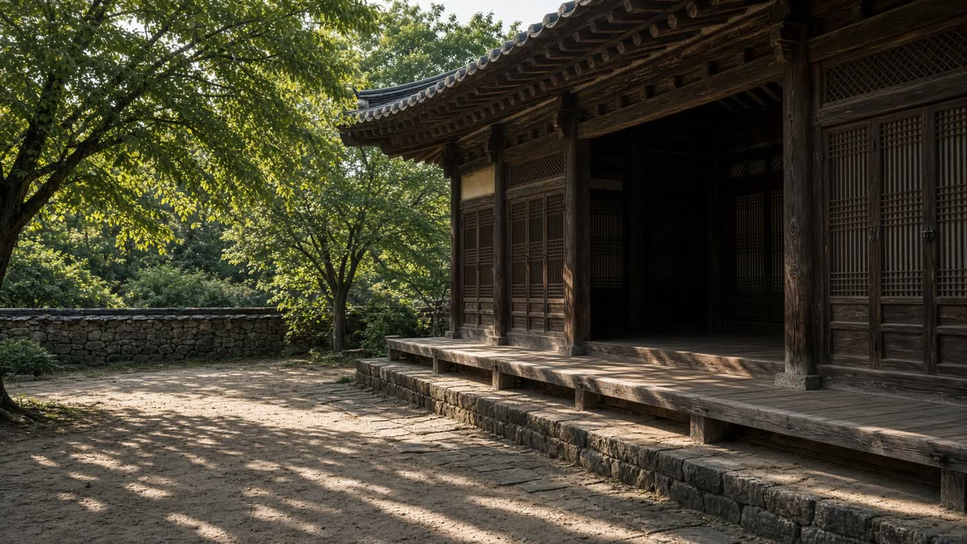 A pavilion edge, summer trees, a river town suggested in humid light. No illustrated beating, no prettified prison.