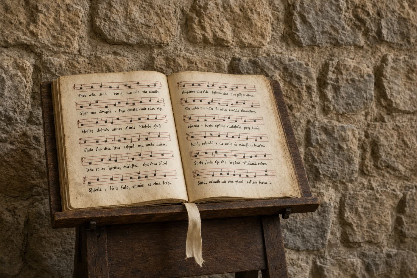 A 13th-century songbook open in museum daylight, square notation, no imagined portrait of the Comtessa.