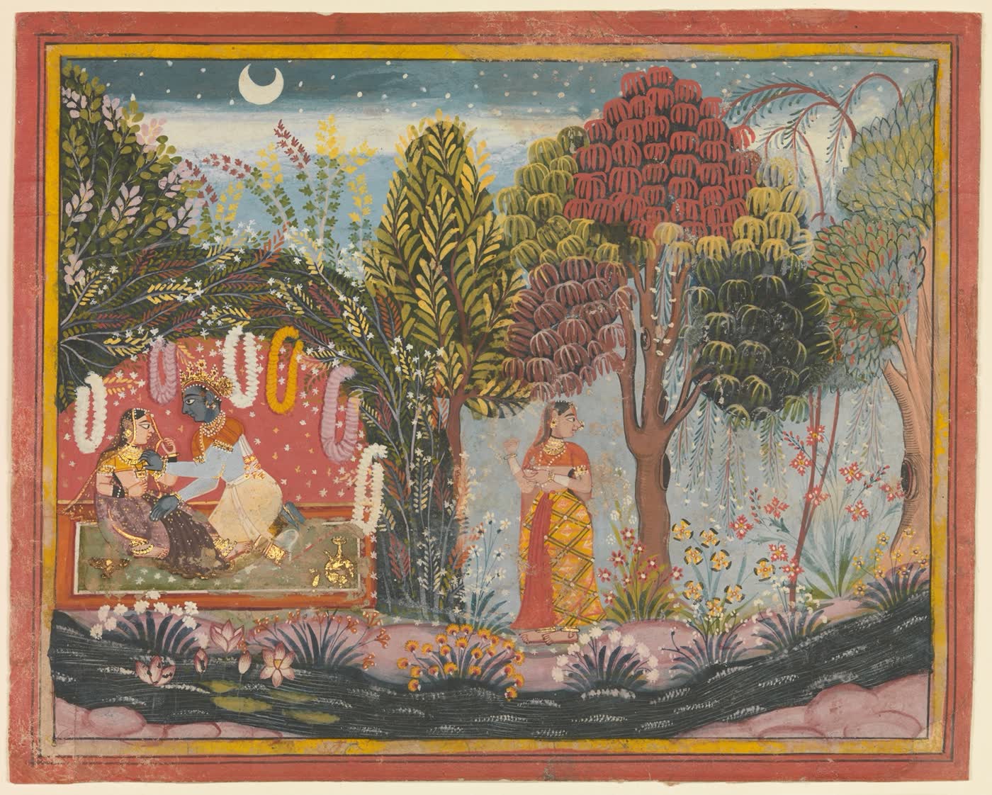 A Mewar page of the Gīta Govinda: Krishna and Rādhā in a bower, a companion waiting among trees, a river in front. Not a portrait of Jayadeva.