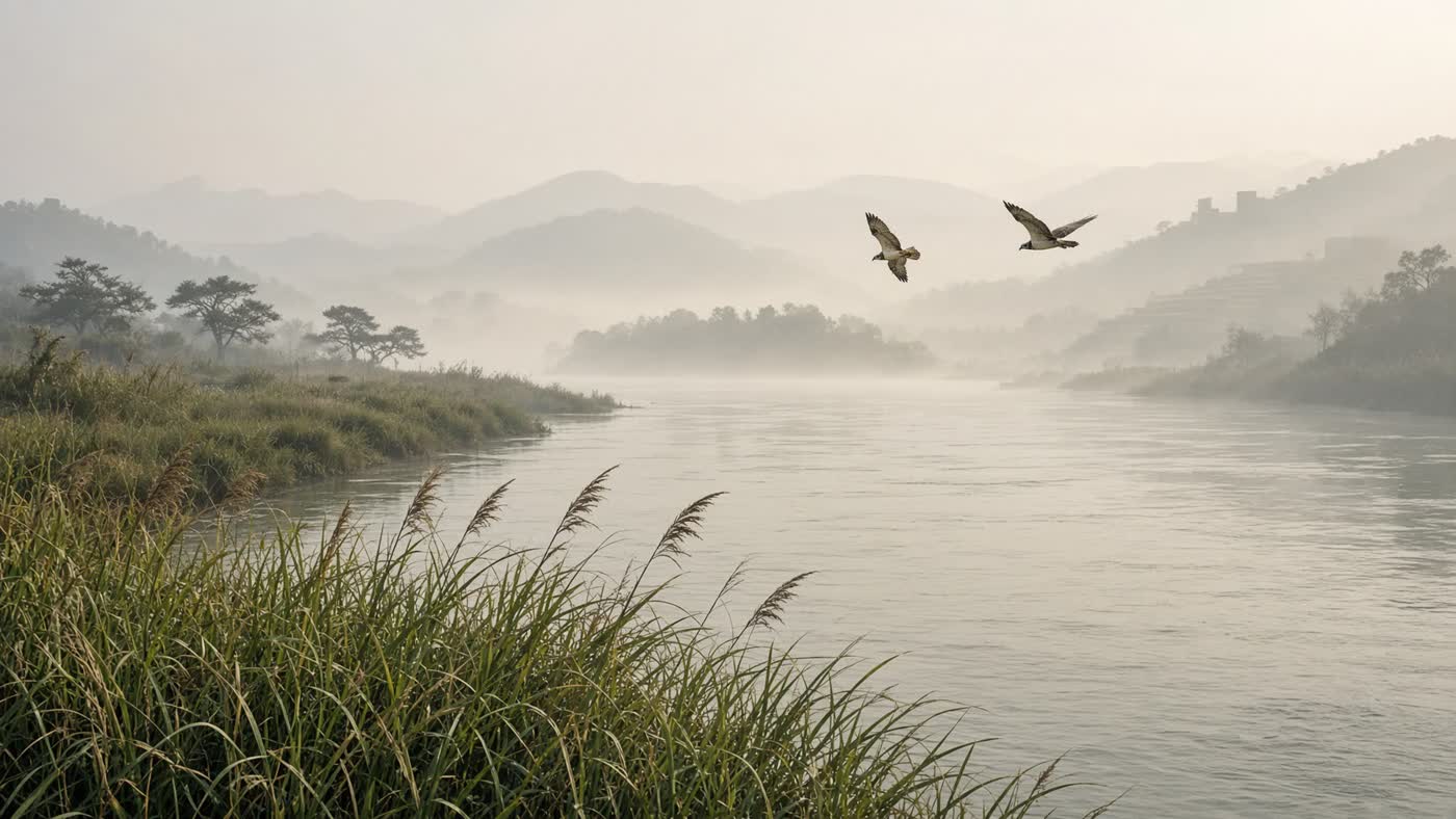 Pale river islet at first light, two birds suggested as ink-blots on water, no court, no wedding procession.
