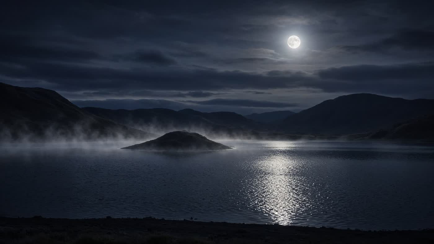 Night water, an island mass, a sky that holds no tourist canoe. No mermaid, no extracted ‘legend’ illustration.