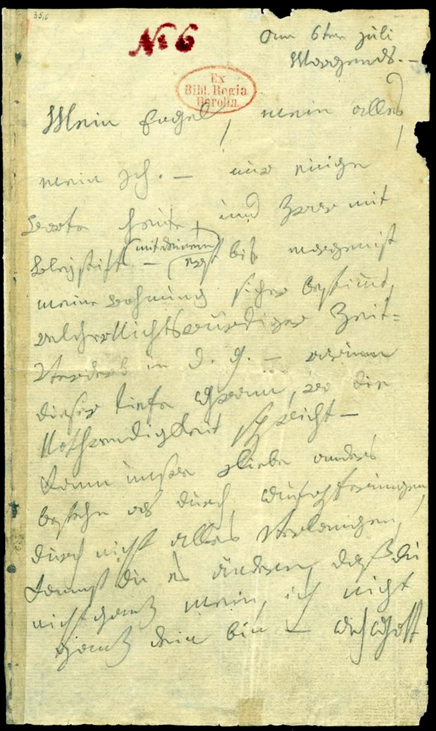First page of Beethoven's unsent pencil letter of 6 July 1812, with a Berlin library stamp. No face of a solved beloved.