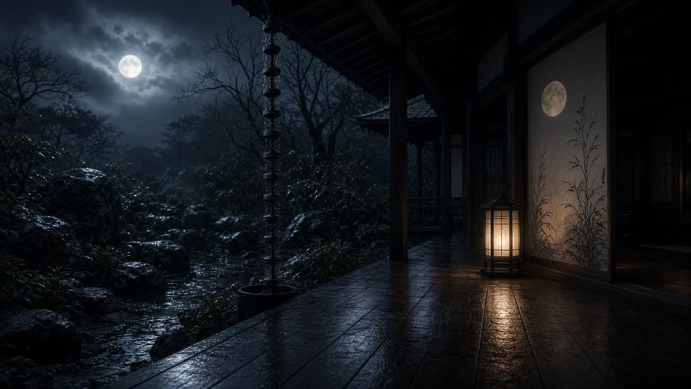 Silver-grey Heian veranda at night, tachibana suggested as pale fruit in dark leaves, a letter-fold, no invented court portrait.