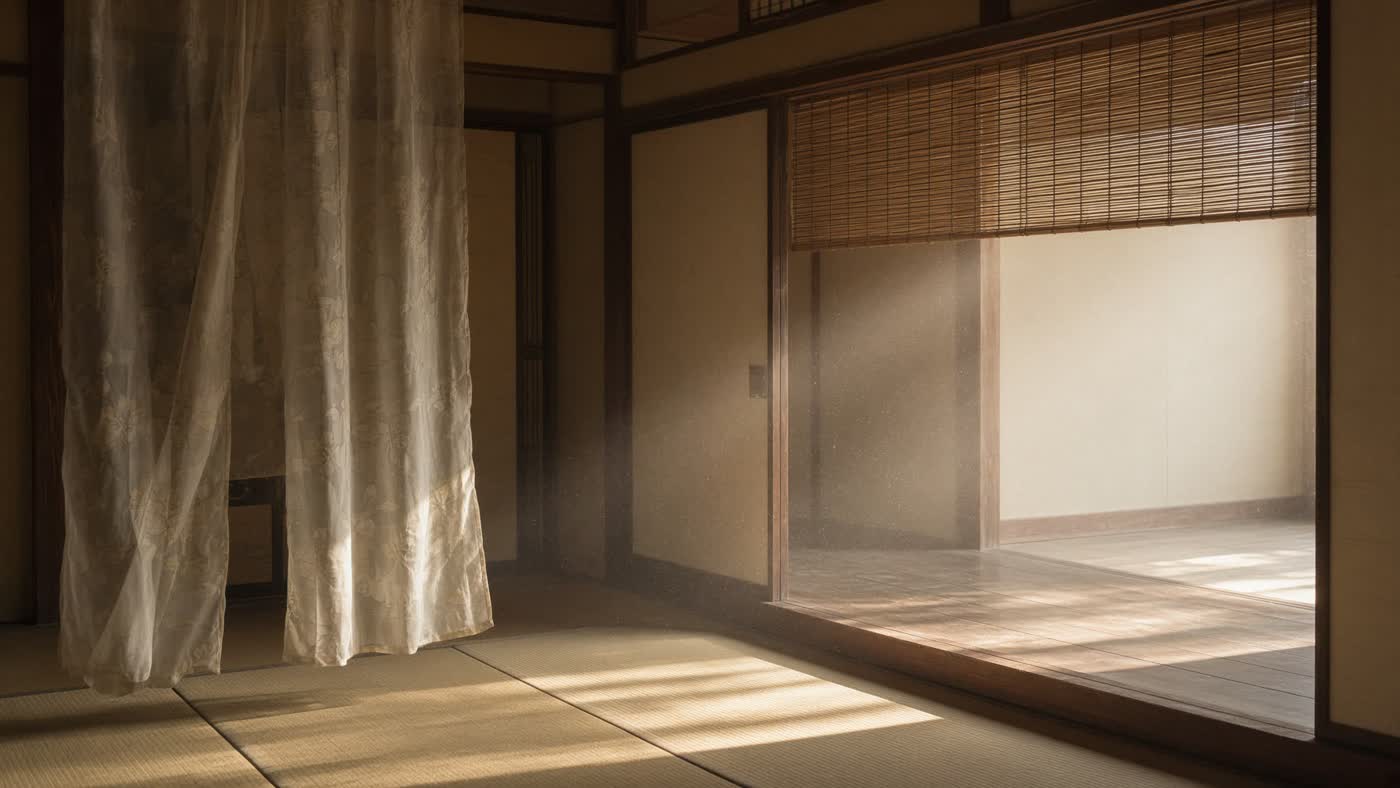 A Heian room in unused afternoon light, a curtain-screen, dust in the beam, no husband at the threshold.