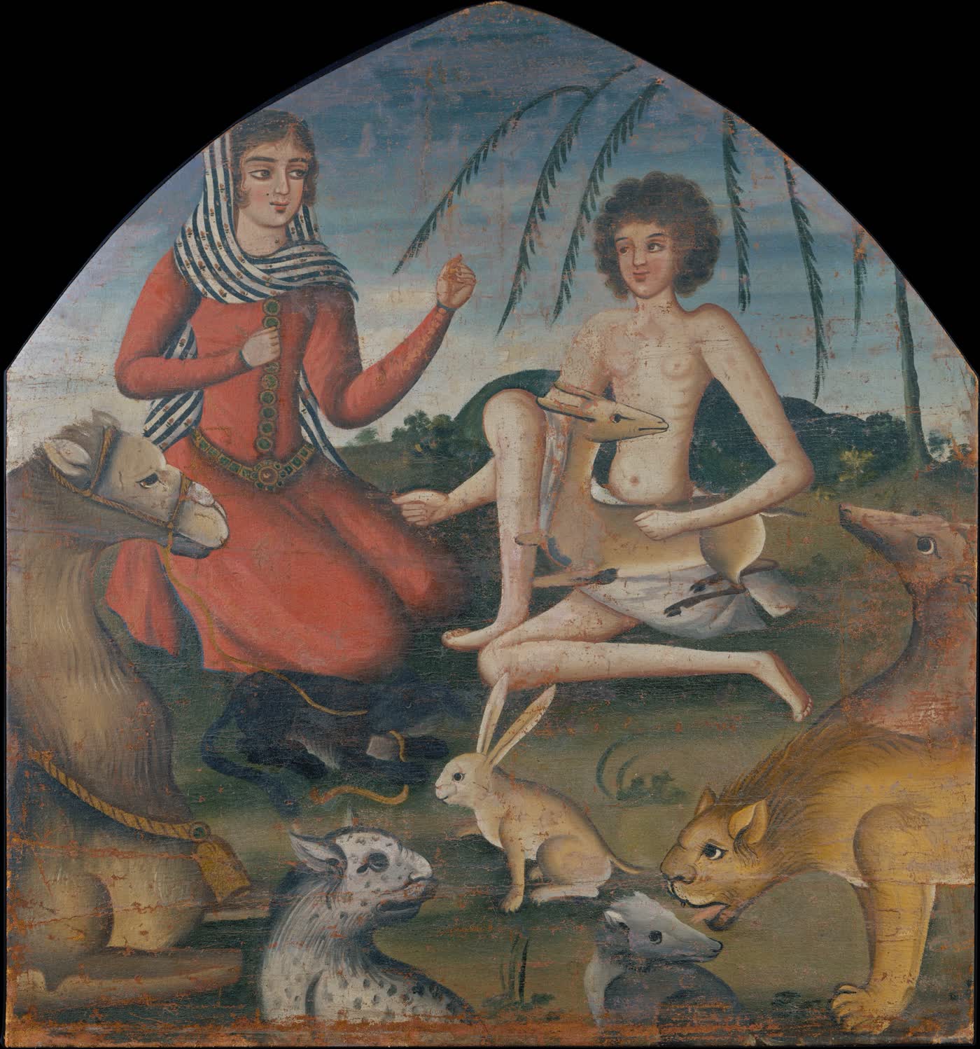 An eighteenth-century oil of Laylā visiting Majnūn among animals. Later illustration of the poem, not Nizami's 1188 page.
