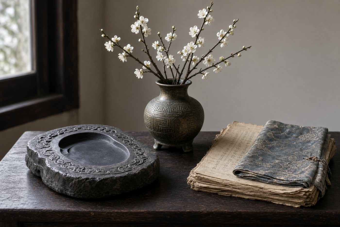 A Song-dynasty inkstone, a spray of plum, and a silk-bound sheaf in cold daylight, no imagined portrait.