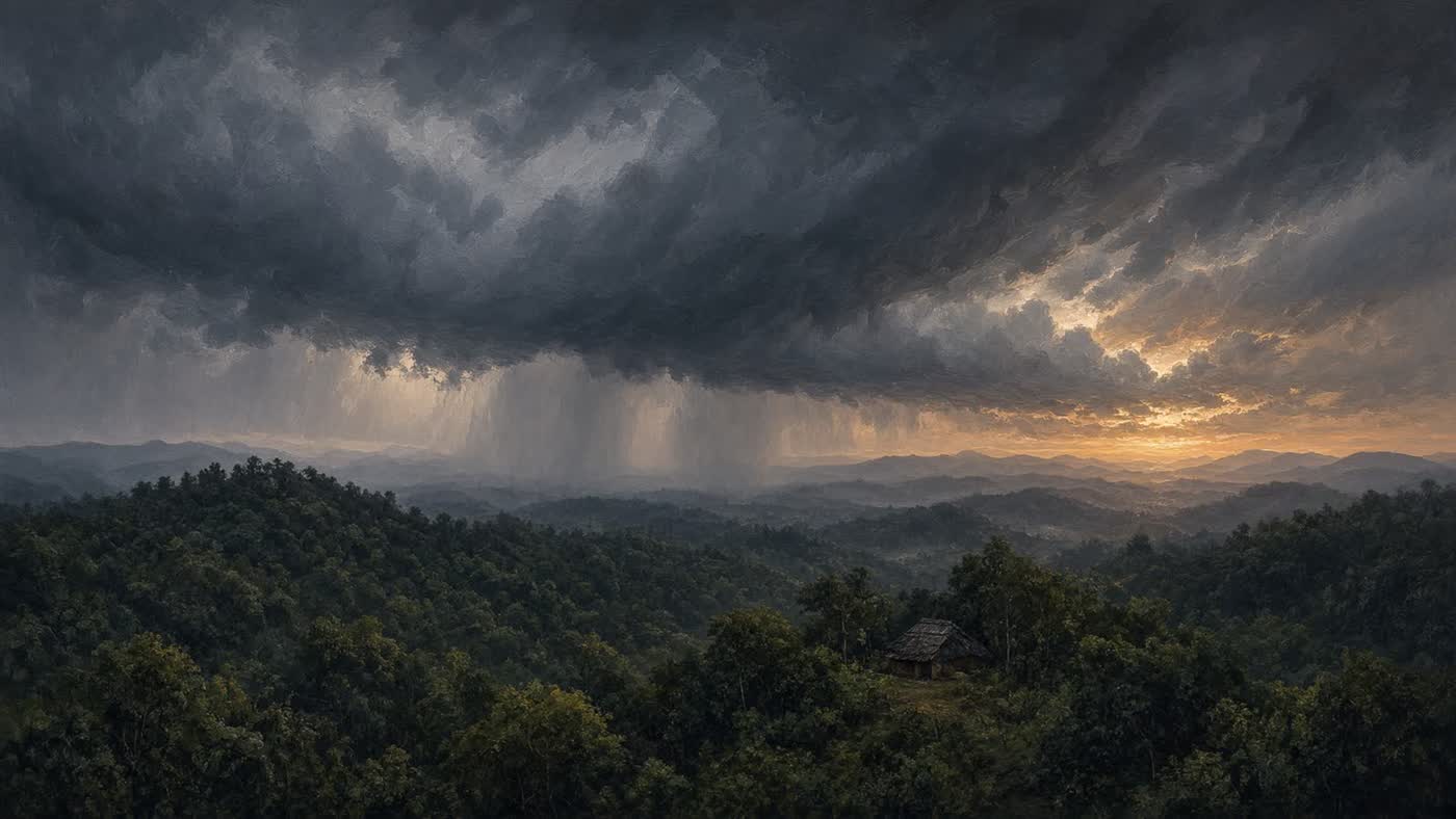 A monsoon cloud shouldering a dark hill, rivers silvering north toward a pale imaginary mountain; no portraits, no manuscript page.