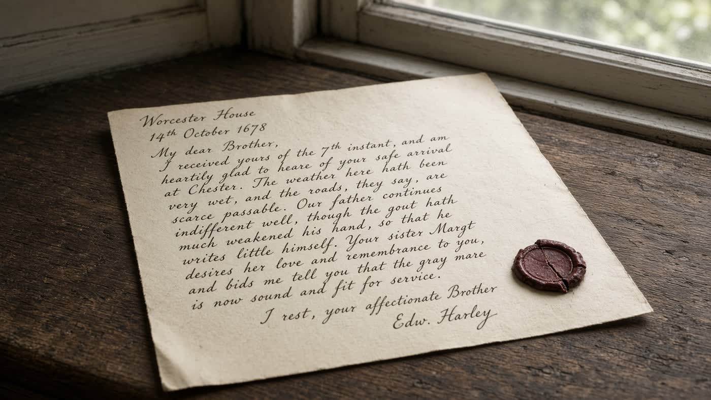 A seventeenth-century English letter on a wooden table in daylight, iron-gall handwriting, a broken wax seal.