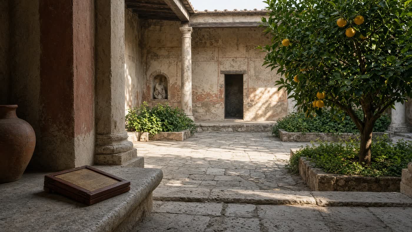 A pale Roman interior, an empty chair near a window, tablets stacked as if just reread; no forged handwriting.