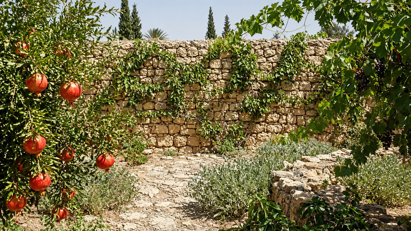 A walled garden after rain, pomegranate and thorn, no identifiable biblical illustration, no halo.