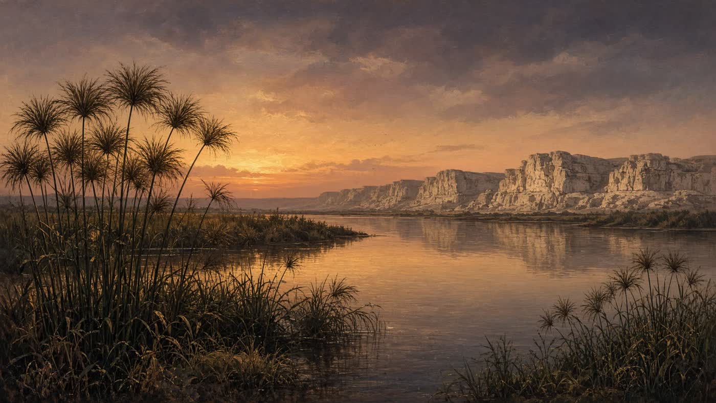 An imagined bank of the Nile in late afternoon: papyrus in bright water, a woman’s figure suggested only as light on skin, no face recovered from the fragment.