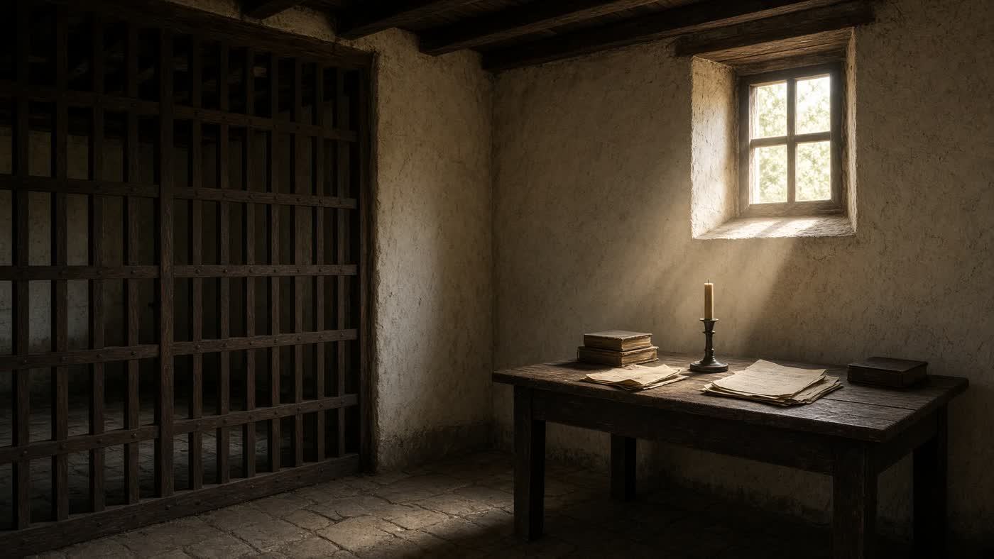Convent light, a writing slope, a fold of black cloth, a page in Spanish. Not a reproduction of a famous portrait offered as proof.